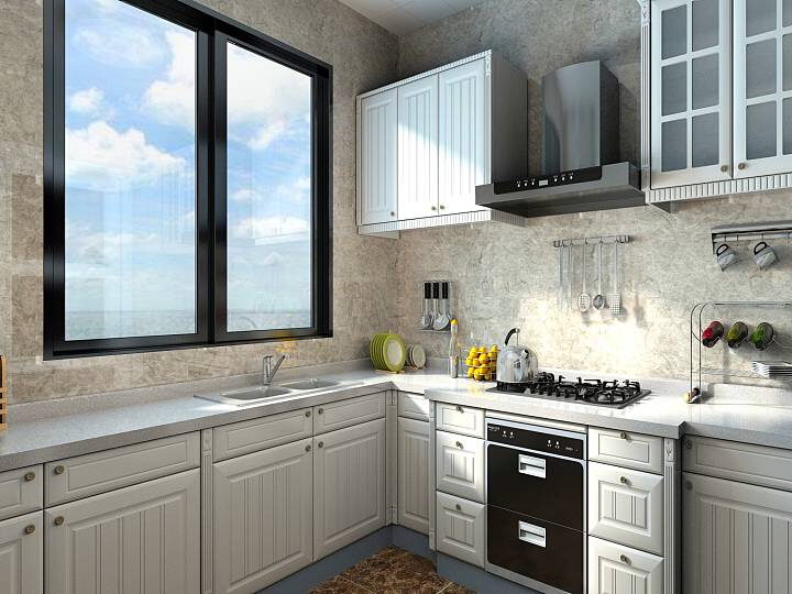大幅窗户让厨房的痛风不再成为问题，白色的橱柜套组给人以清新洁净的感觉。