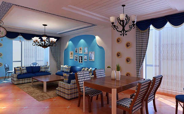蓝白格子的沙发感觉很温馨，墙面漆选用材质防潮，而且色彩驾驭很好。