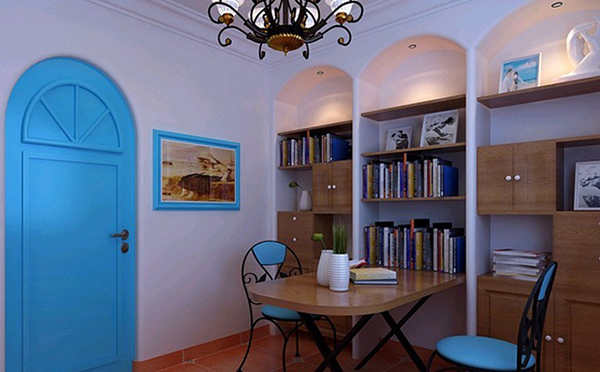 书房整体的设计还是比较简单明快的，贴墙书架，加上简单的桌椅。