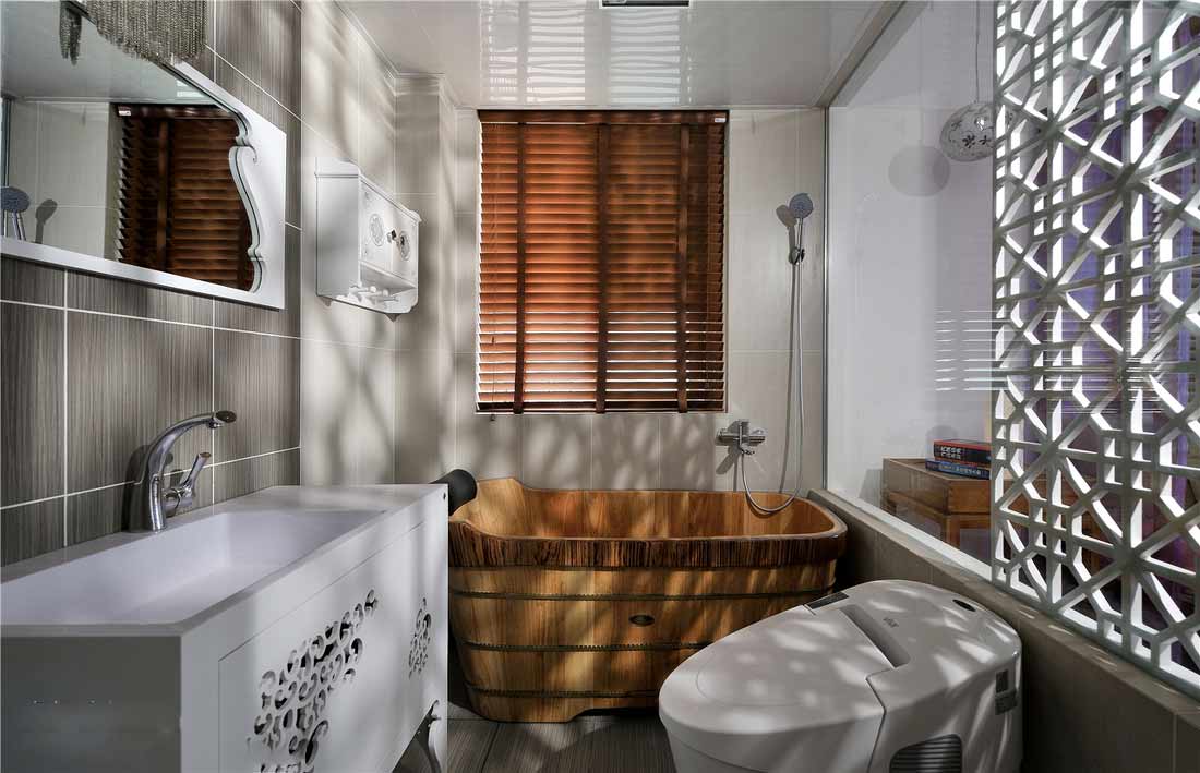 浴室用了木质的浴桶，配合木质的百叶窗，还原了古式浴室的样式，白色瓷质的洗手池则中和了浓郁的木质感。