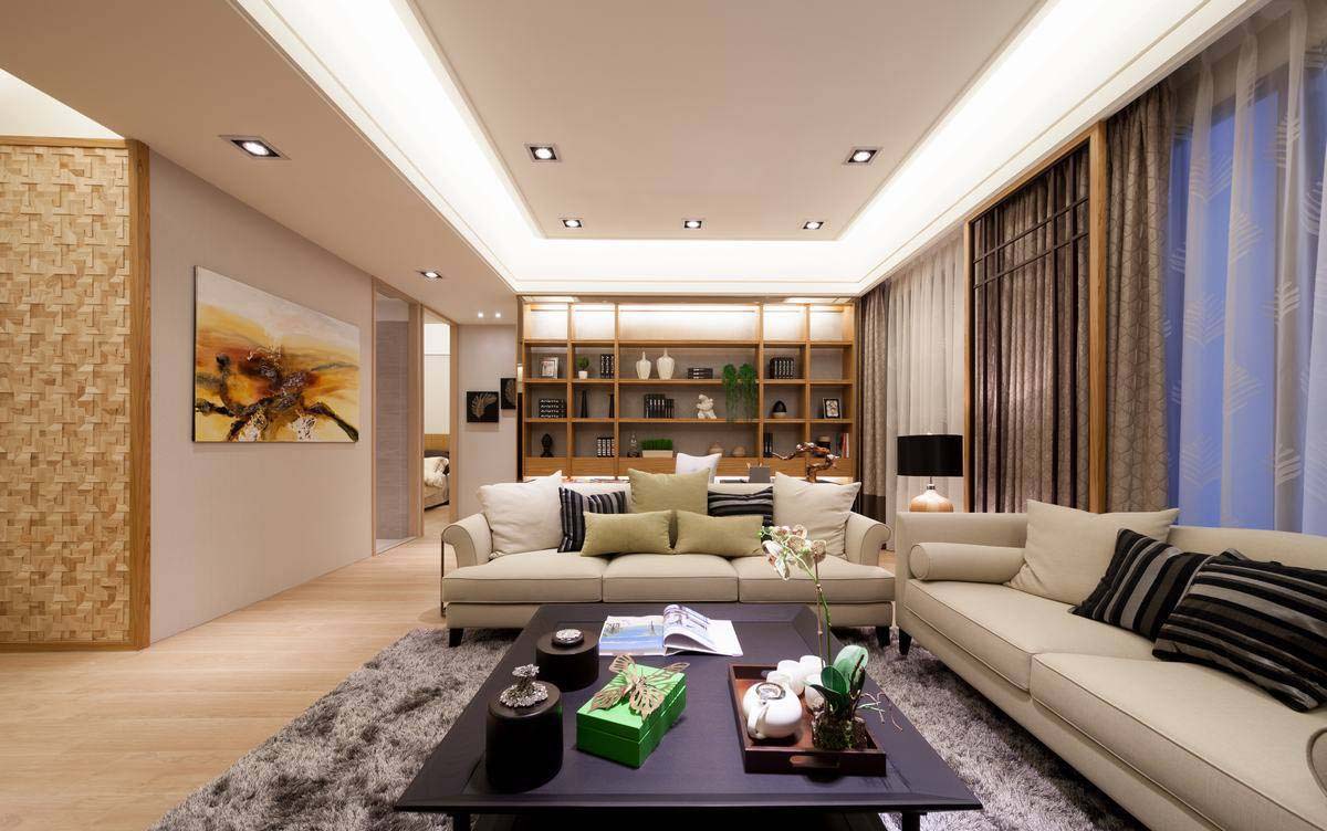 米色的沙发搭配灰色的地毯，奠定客厅温馨素雅的设计理念。大面积的落地窗，引进光线的同时，扩大客厅的空间感。以天花板上的间接照明光带勾勒，明确定义着交流分享的起居范围。