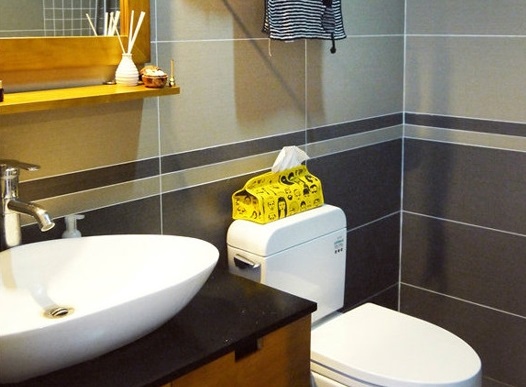 色彩运用简单而活泼的卫生间明快而舒适。木质浴室柜和镜框都用黄色涂料加以涂饰，为原本朴素的木材添加了更多生动的气质。