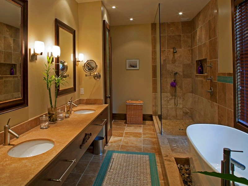 卫生间采用棕色瓷砖，耐脏防滑性能好，配以植物，交相辉映。