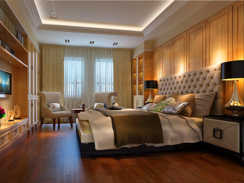 浅黄色调的墙纸与暖色调的床头背景墙结合，明亮的空间。