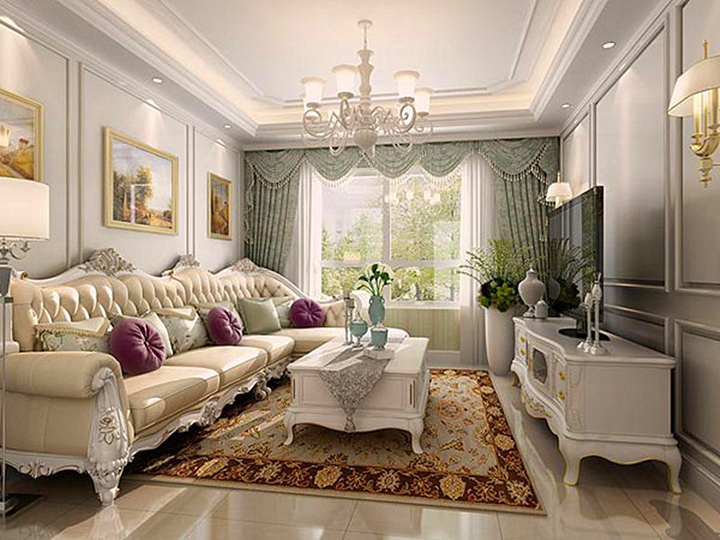 客厅整体以白色为主，家具偏欧式。