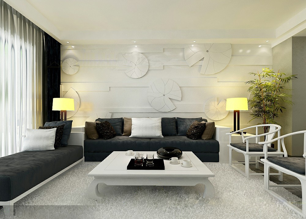 客厅沙发背景墙采用曲线和不对称的线条装饰，显出空间简洁大方明快的设计风格，既美观又实用。