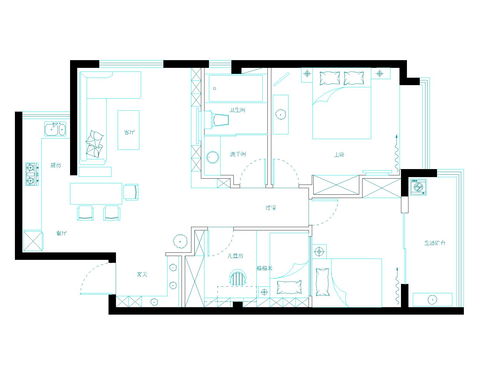 这是一套3室2厅的户型。简单的主题格调但是又增加了许多线条感的元素，以沉稳的咖色，黑色，白色做及色调，整体效果，庄重而又内敛，含蓄而又实用。