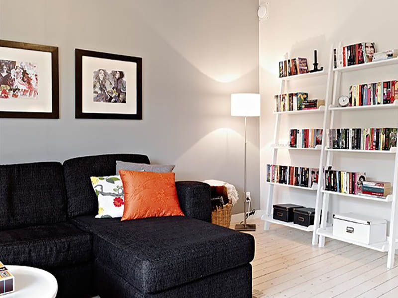 沙发一旁放置书架，让客厅兼具书房功能。