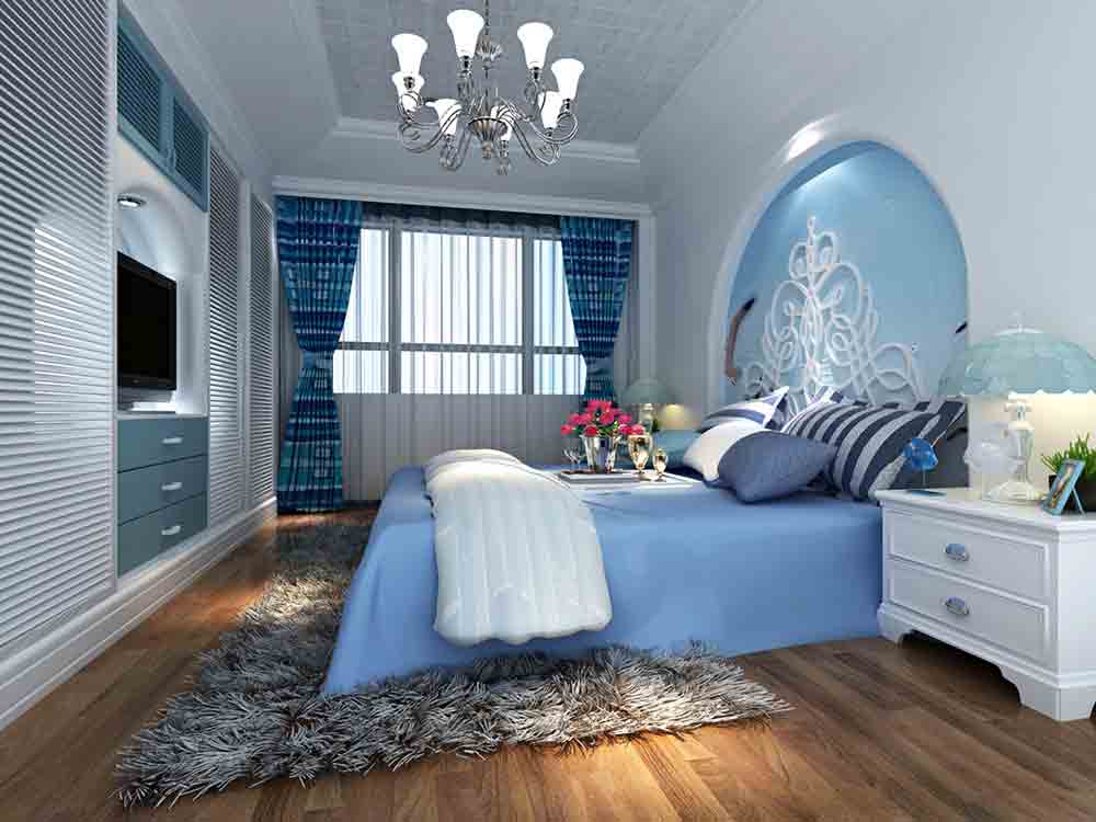 床头里面以半圆内嵌，以浅蓝色搭配白色，自然光的巧妙运用，营造出空间独特的浪漫情怀。