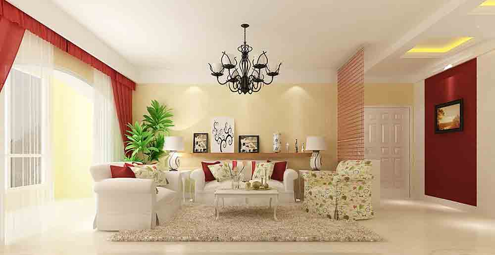 沙发背景墙以鹅黄为主色，以木质横条为展示台，打造舒适温馨的公领域。