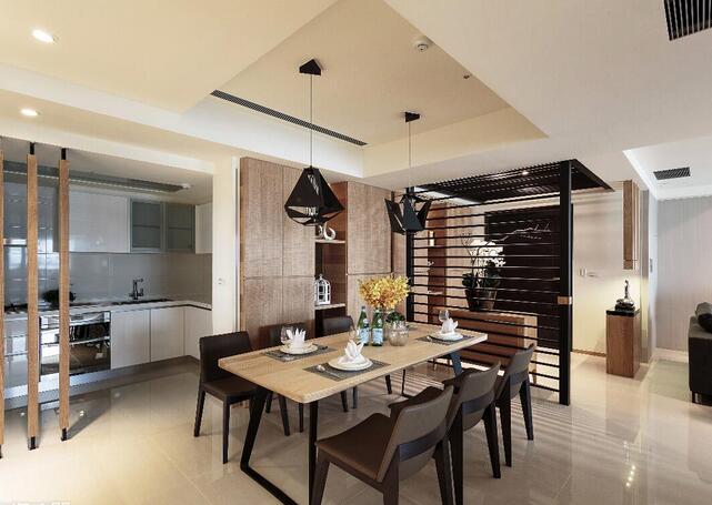 设计师以木作格栏取代隔间实墙，让位于屋角的厨房也能有敞亮的采光，呈现富有活力的样貌。