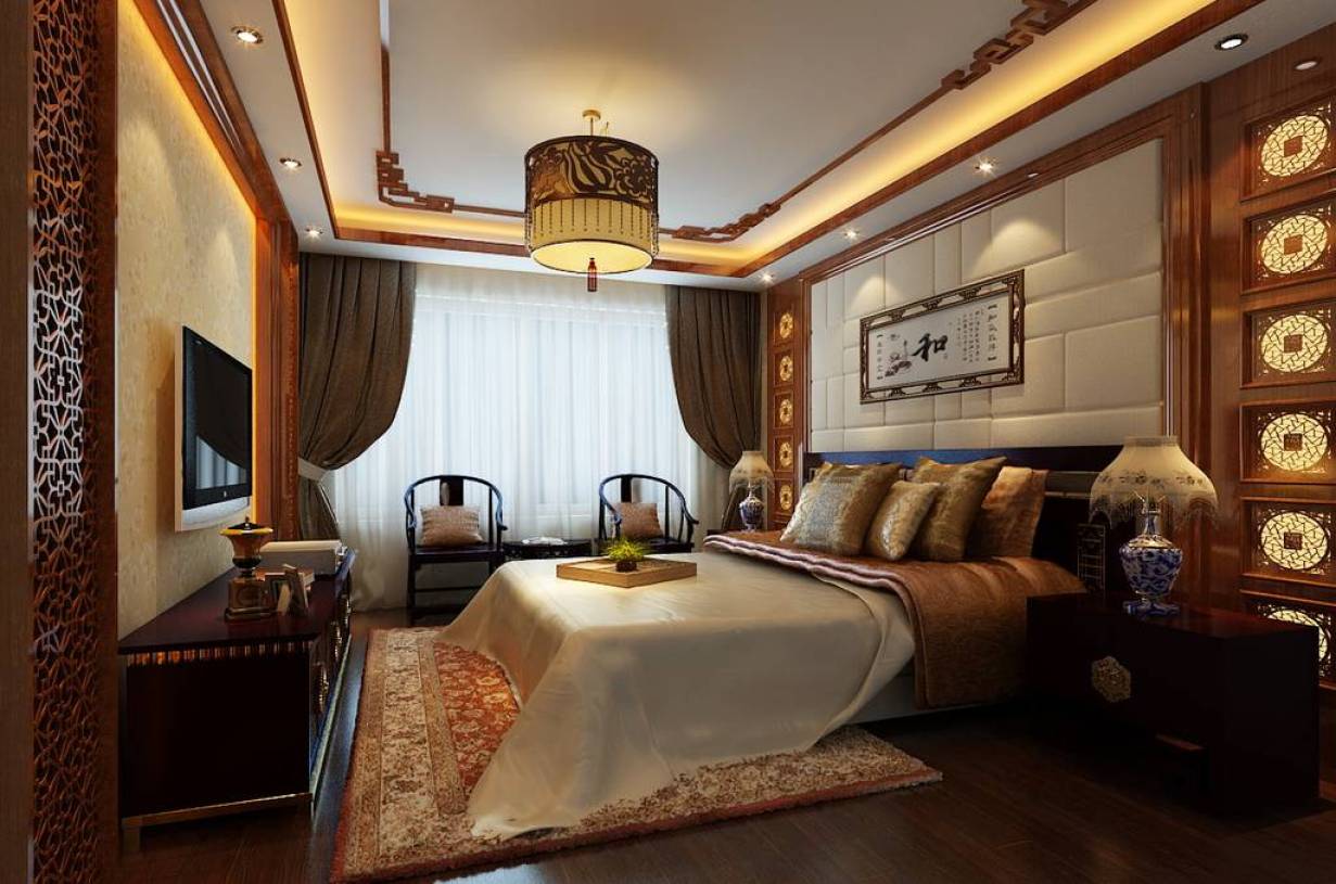 平中式风格卧室墙装修效果图,中式风格红木床头柜图片
