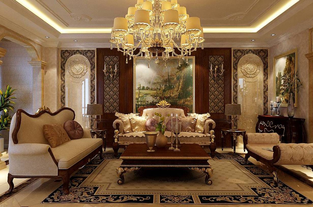 210m大户型欧式风格客厅沙发背景墙装修效果图-欧式风格茶几图片