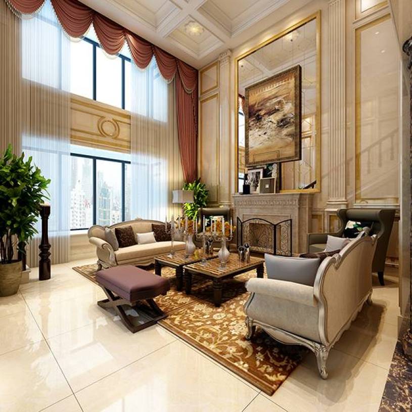 大型别墅挑空客厅背景墙装修效果图-兔狗装修效果图