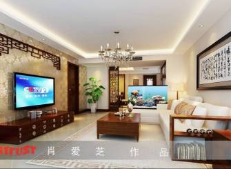130m²三居室中式风格客厅电视背景墙装修效果图-中式风格电视柜图片