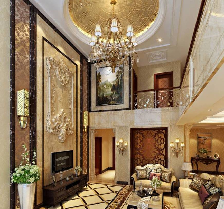 欧式风格小复式楼挑高客厅装修效果图-欧式风格双人沙发图片
