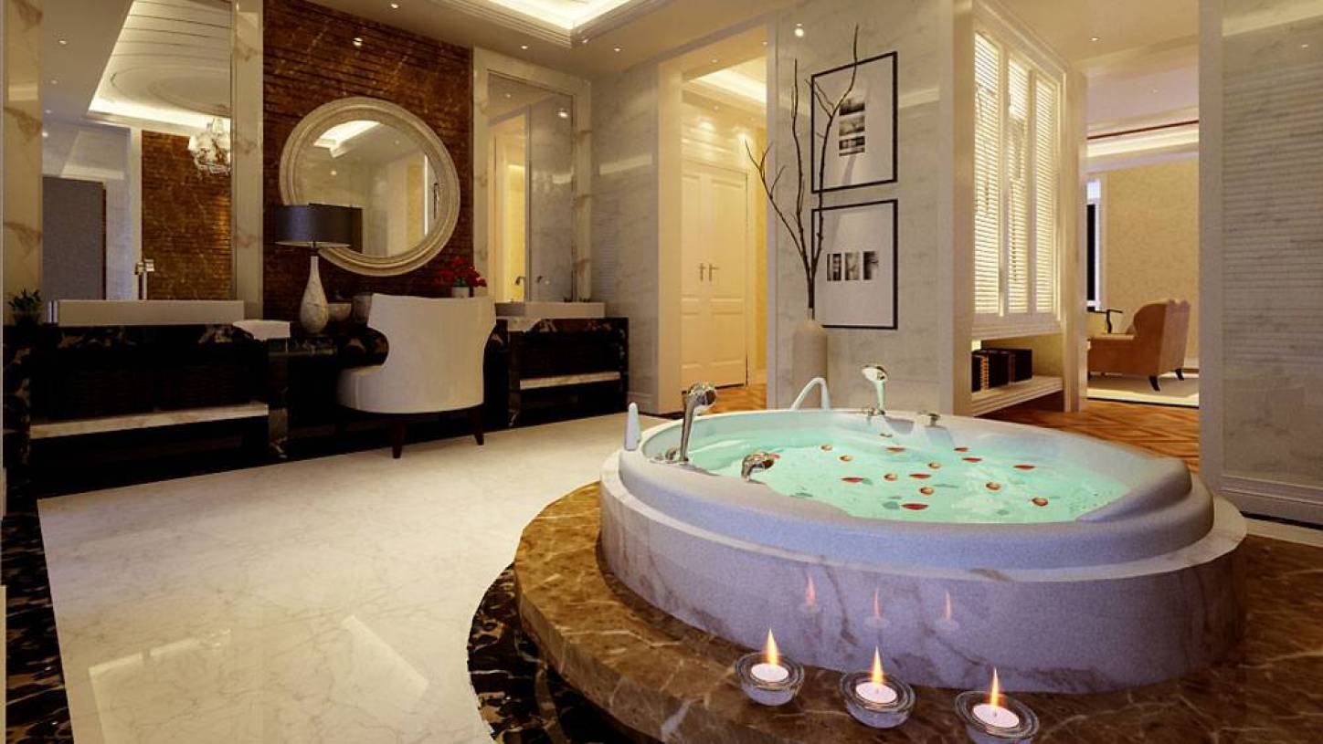350㎡别墅简约欧式风格浴室墙面装饰装修效果图-简约欧式风格浴缸图片