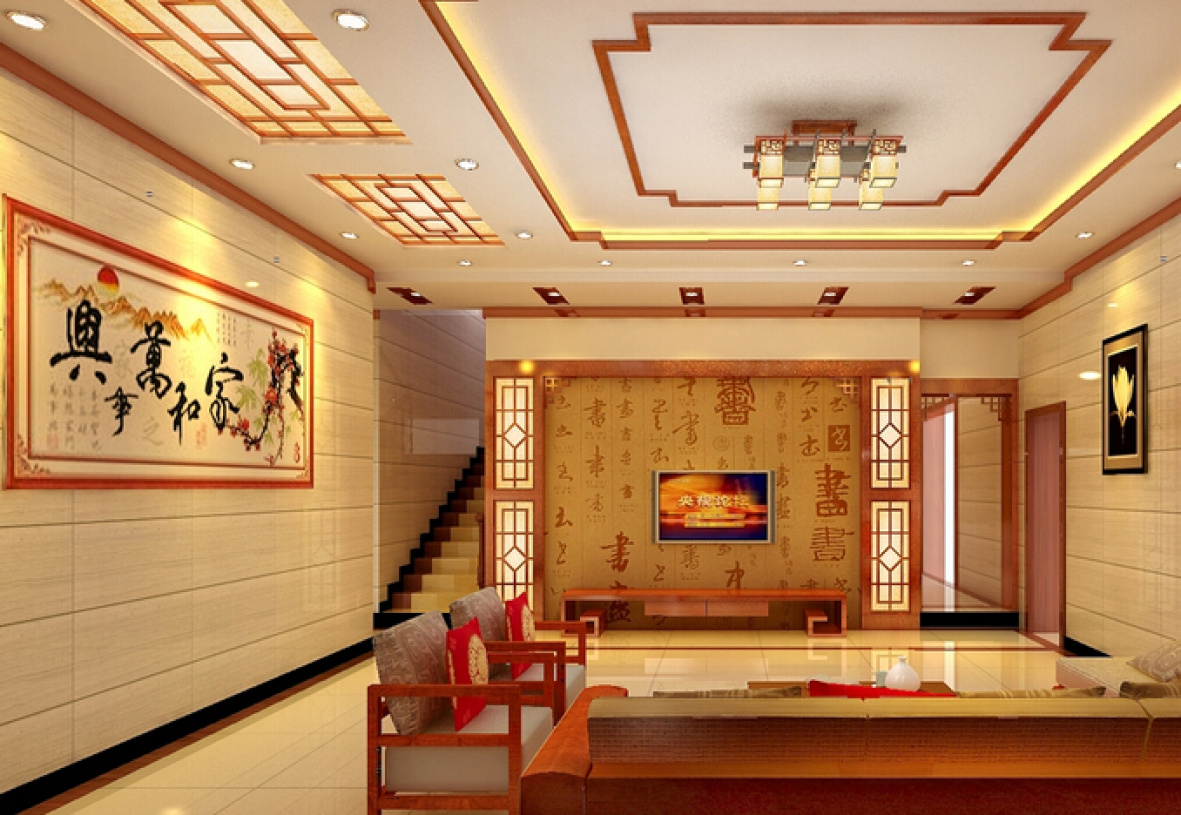 中式墙面楼餐厅吊顶室内设计效果图复式节点墙纸图片