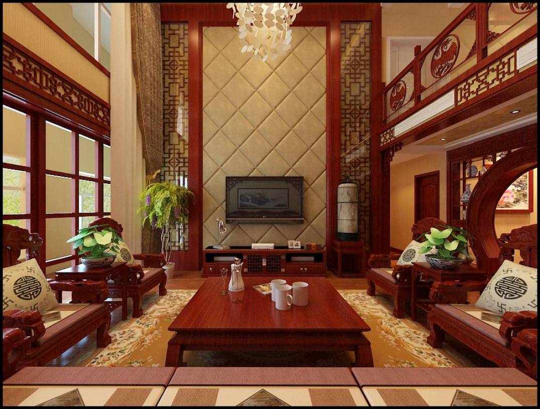 260㎡中式风格复式楼客厅吊顶图片,实木客厅家具装修效果图