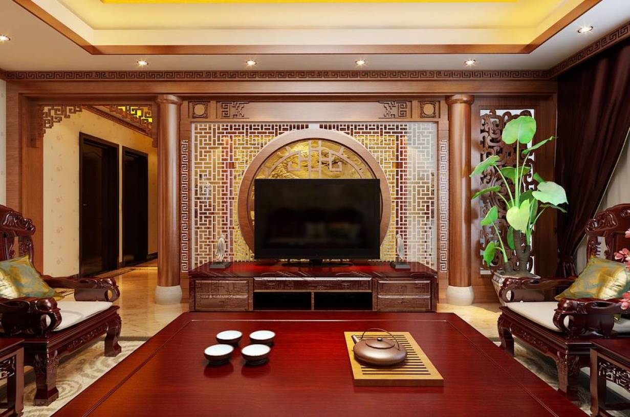 平中式风格客厅电视墙装修效果图,中式风格红木电视柜图片