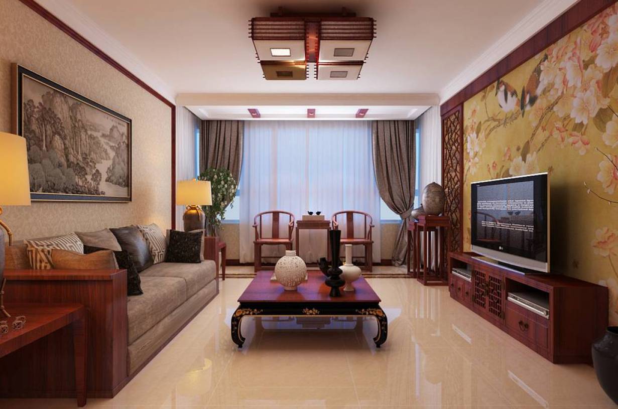 新中式风格三居室客厅电视背景墙效果图,新中式风格吊顶图片