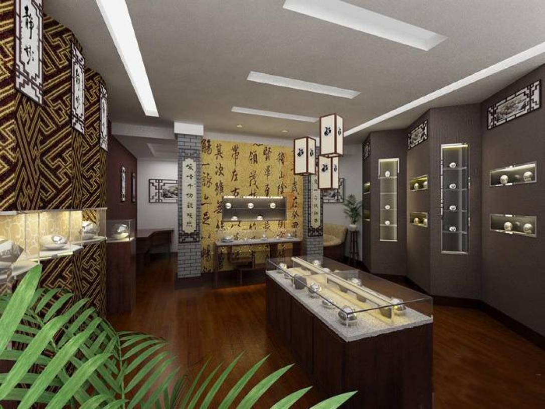 中式风格古玩店吊顶装修效果图-中式风格裂纹背景冰图片展柜墙图片
