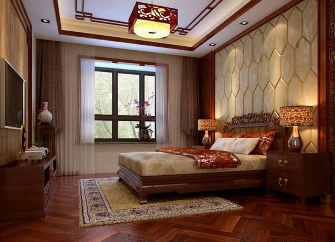 130㎡三居简约中式风格卧室背景墙装修效果图-简约中式风格床图片