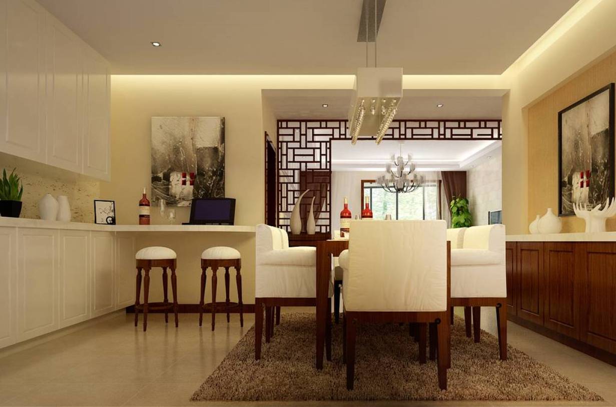 新中式风格餐厅背景墙装修效果图-新中式风格吧台椅图片