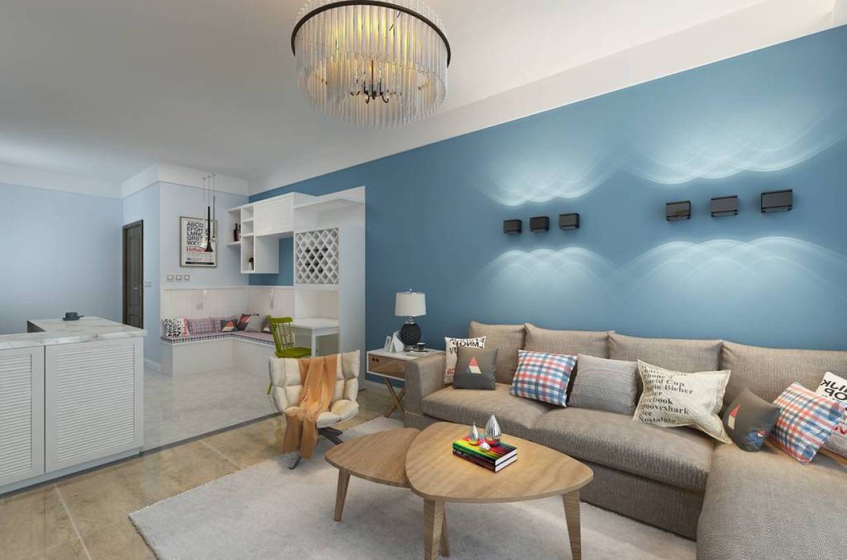 三居小客厅浅蓝色客厅沙发背景墙装修效果图