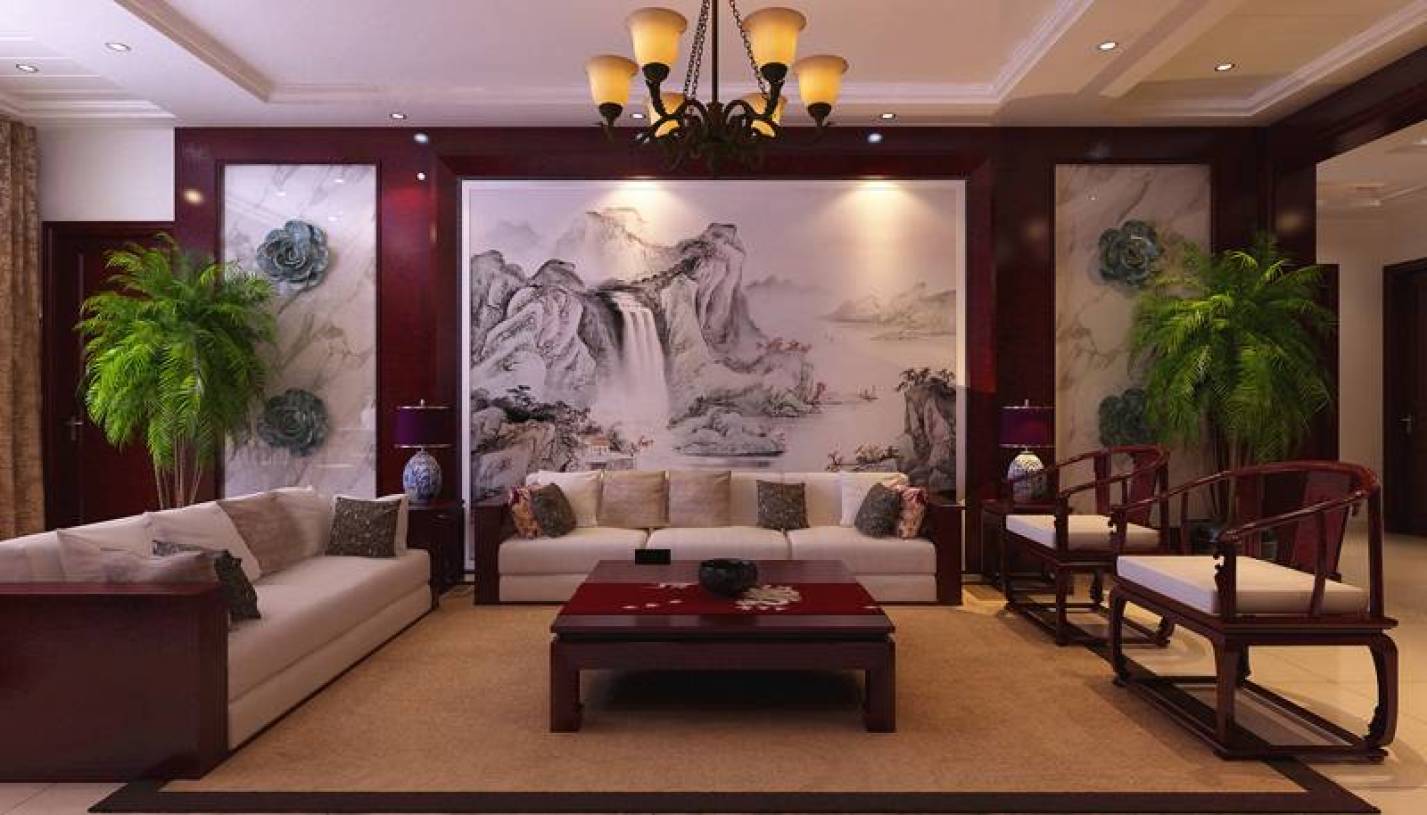 180三居室新中式风格客厅沙发背景墙装修效果图-新中式风格茶几图片