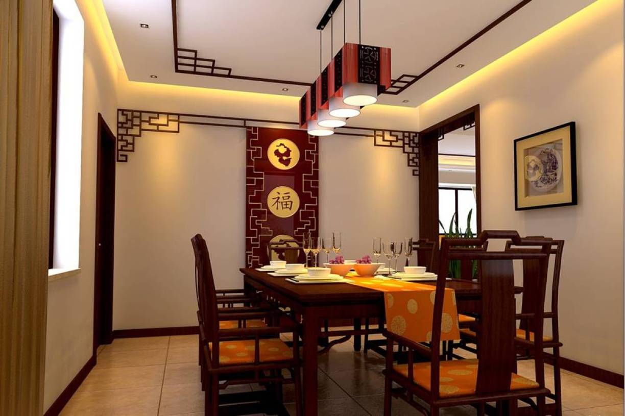 中式风格餐厅背景墙装修效果图-中式风格实木餐桌图片