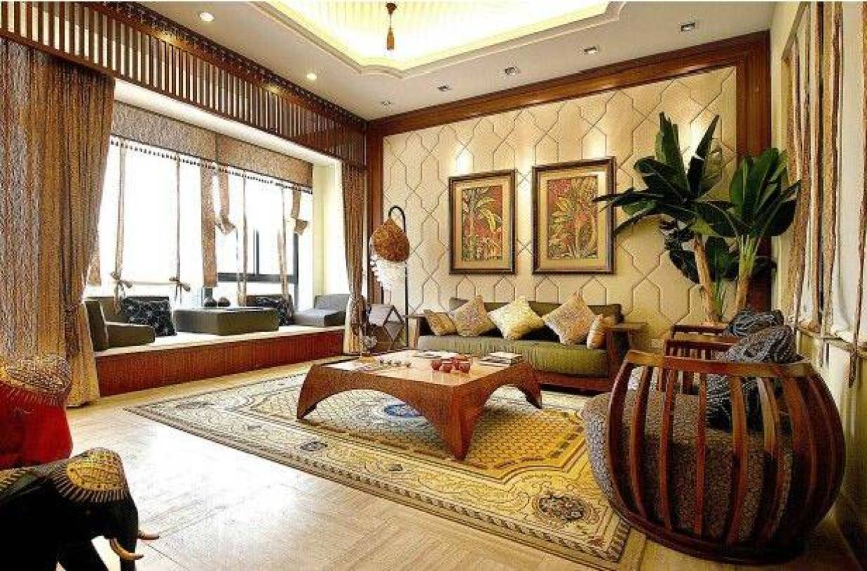 东南亚风格客厅沙发背景墙装修效果图-东南亚风格盆景