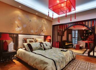 70平小户型中式风格卧室背景墙装修图片,中式风格樟木床头柜图片
