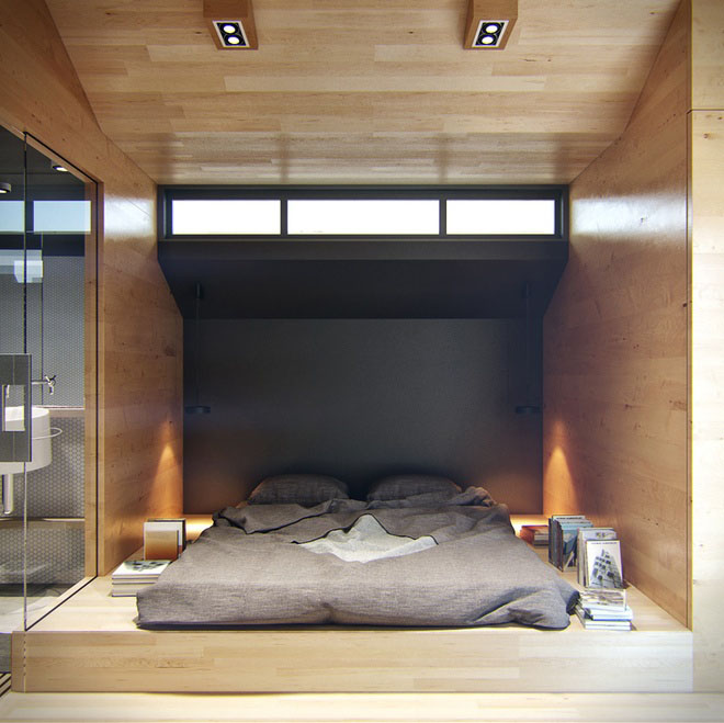 非常简洁的卧室，两侧的灯光很温暖，非常适合睡前阅读。