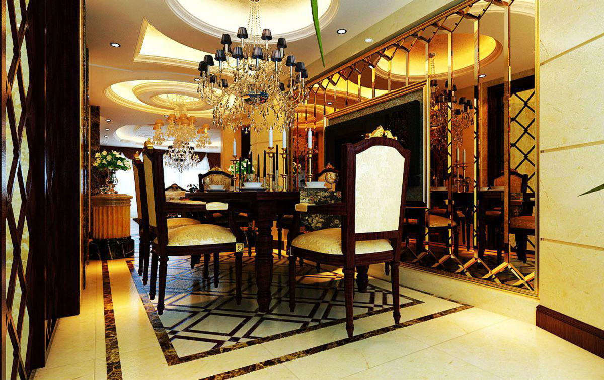 餐厅的灯具也是极其华丽的，整面墙的茶镜设计，可以开阔餐厅的视觉效果。