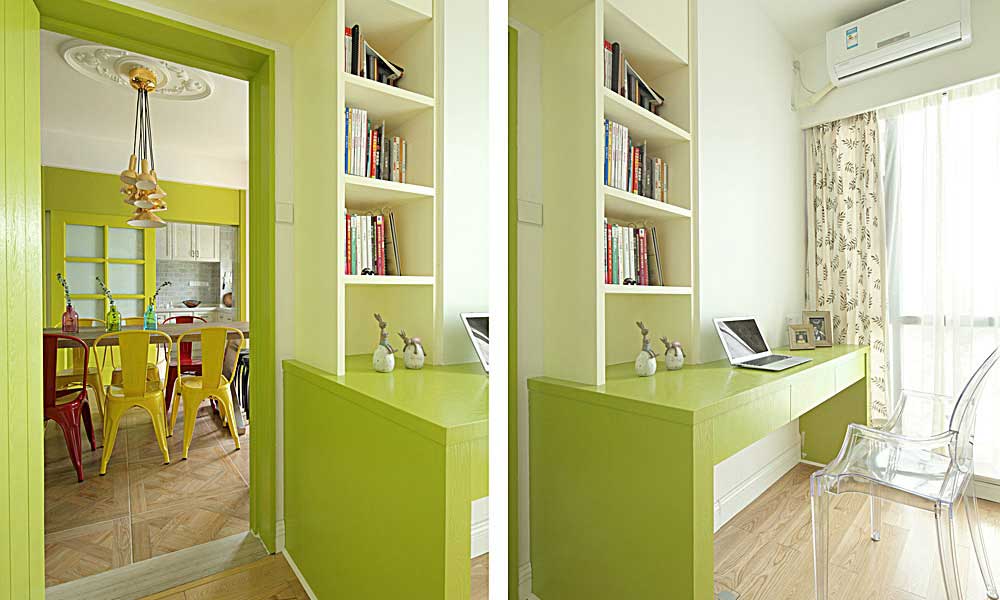 书桌和书柜一体式的设计巧妙地解决了转角畸零空间的利用问题，简约的设计实用而环保。