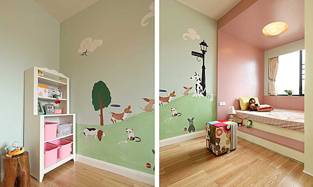 儿童房以浅绿、浅粉定调，墙面绘以大自然主题的卡通，为孩子创造了纯真梦幻而又温馨舒适的睡眠环境。