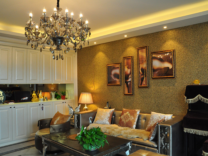 豪华的吊灯提升了客厅的尊贵感，色彩的深浅搭配让视觉更平衡。