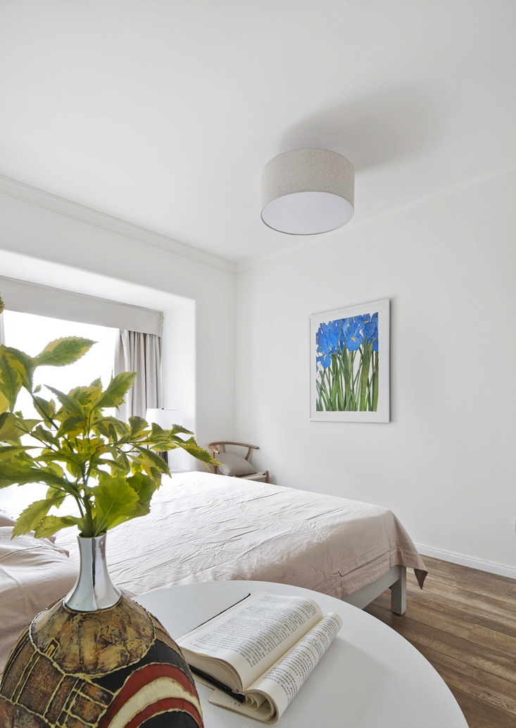 床头的小植物和对面墙壁挂画，相呼应的同时，为空间加了一丝纯色之外的色彩。