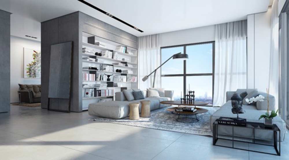 简洁的空间设计，在客厅规划大面书柜，用意摆放屋主的爱书。
