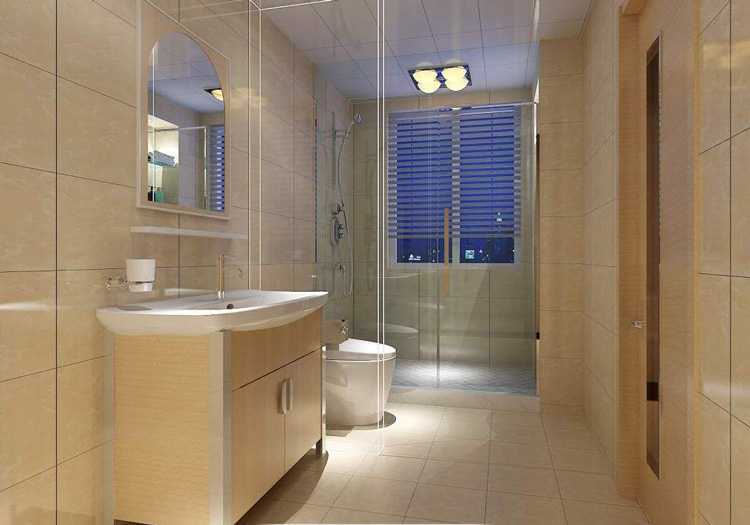 现代感极强的卫生间，淡黄色瓷砖是现在的流行色，清透明亮。