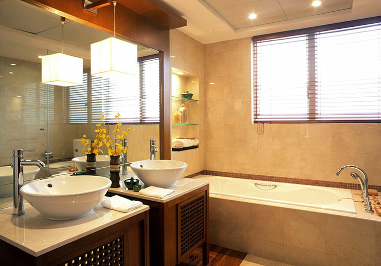 现代风格的卫生间在圆形盥洗盆的衬托下显得复古起来，简单大方。