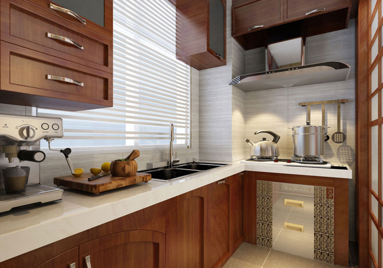 厨房采用木色整体橱柜，功能丰富，凸显料理是一件极富重要性的事。