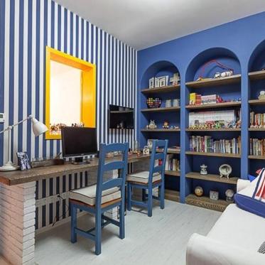 地中海风格清新蓝色书房设...