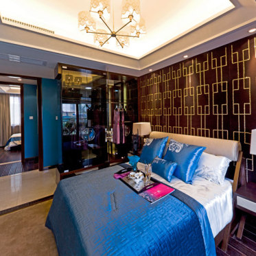 中式雅致时尚蓝色卧室装饰...