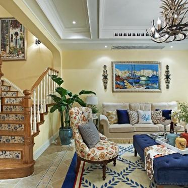 蓝色美式风格客厅楼梯装修...