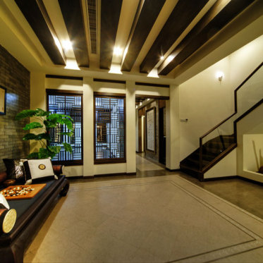 褐色中式风格客厅隔断装修...