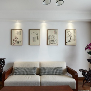 白色中式风格客厅沙发背景...