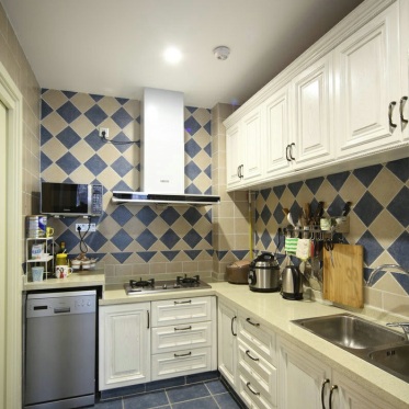 美式风格蓝色厨房橱柜装修...