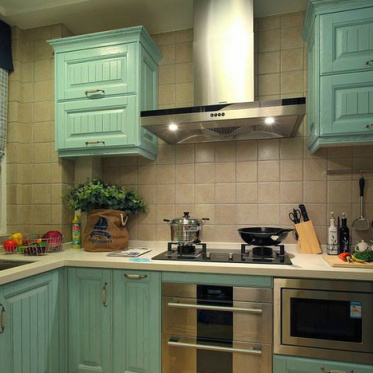 简欧风格质感蓝色厨房装修...